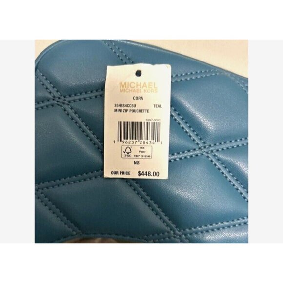 New Michael Kors Cora Extra-Small Quilted Shoulder Bag Mini Zip Pouchette Teal - Picture 6 of 6